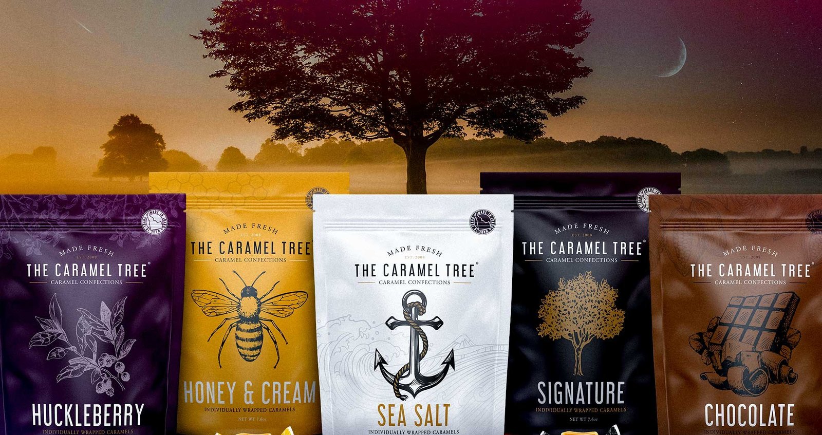 The Caramel Tree product lineup: Huckleberry, Honey and Cream, Sea Salt, Signature, and Chocolate individually wrapped caramels